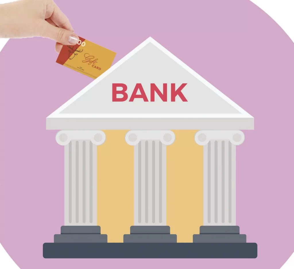 Hand putting a gift card to a bank with pink background
