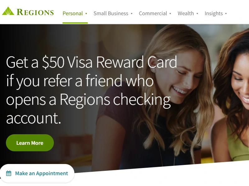 Regions offers a $50 Visa Reward Card for eligible checking account referrals.