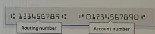 Routing and account number on paper check.